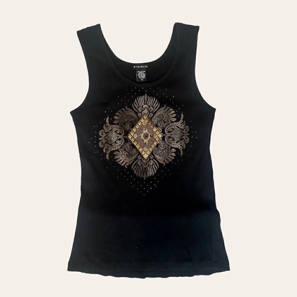 Fang Y2K Grunge Ribbed Tank Cotton Top in Black with Brown/Beaded Design. Size M